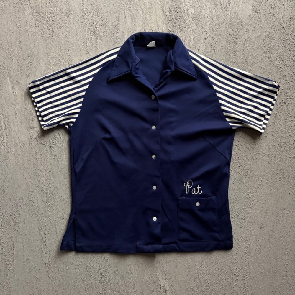 Vintage‎ Hilton Bowling Shirt 36 Blue 1970s Whitie's Tavern Pat Striped Sleeve